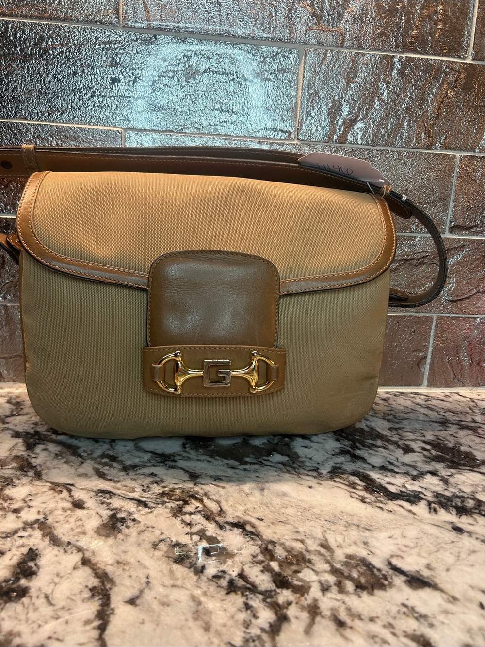 Gucci Beige and Brown Canvas Shoulder Bag with Gold Hardware